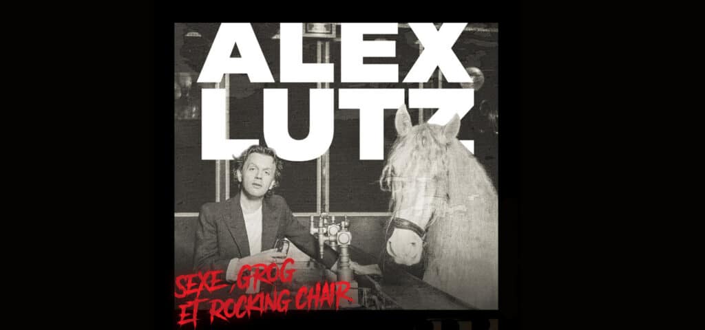 Affiche du spectacle d’Alex Lutz avec le comédien en scène, style minimaliste et ton humoristique