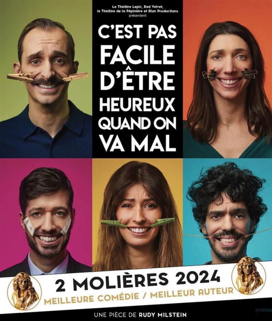 Affiche de la comédie C’est pas facile d’être heureux quand on va mal avec portraits colorés des cinq personnages
